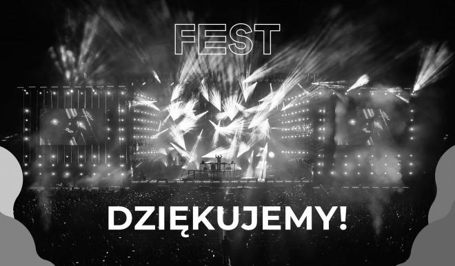 W tle scena i koncert. Na dole napis "dzięujemy", u góry "fest".