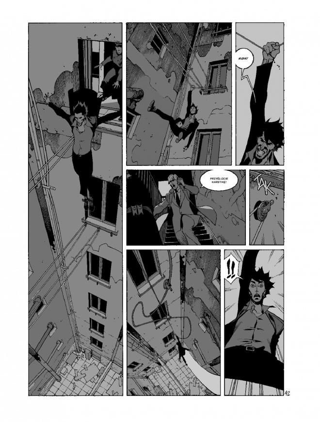 Strona z komiksu "Jazz Maynard, tom 1". Mężczyzna skaczący z okna.