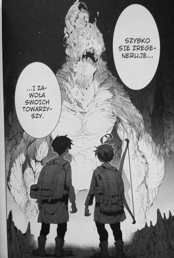 Strona z komiksu "The Promised Neverland". Bohaterowie tworzą przed potworem.