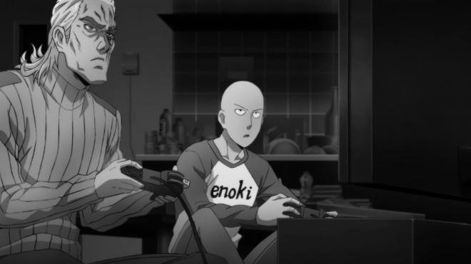 "One Punch Man" kadr z serialu. Mężczyźni grają na konsoli.