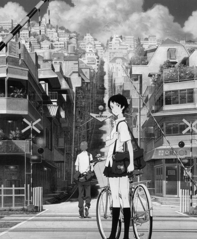 Kadr filmu Mamoru Hosoda - "Mirai". Dziewczyna z rowerem na tle miasta.