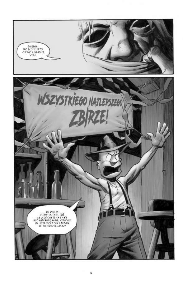 Strona z komiksu "The goon Tom". Mężczyzna składa życzenia urodzinowe.