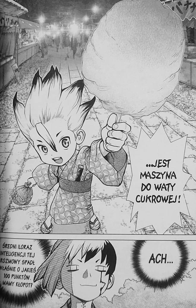 Ilustracje z komiksu Dr. Stone, tomy 5-6. Bohater trzyma watę cukrową.