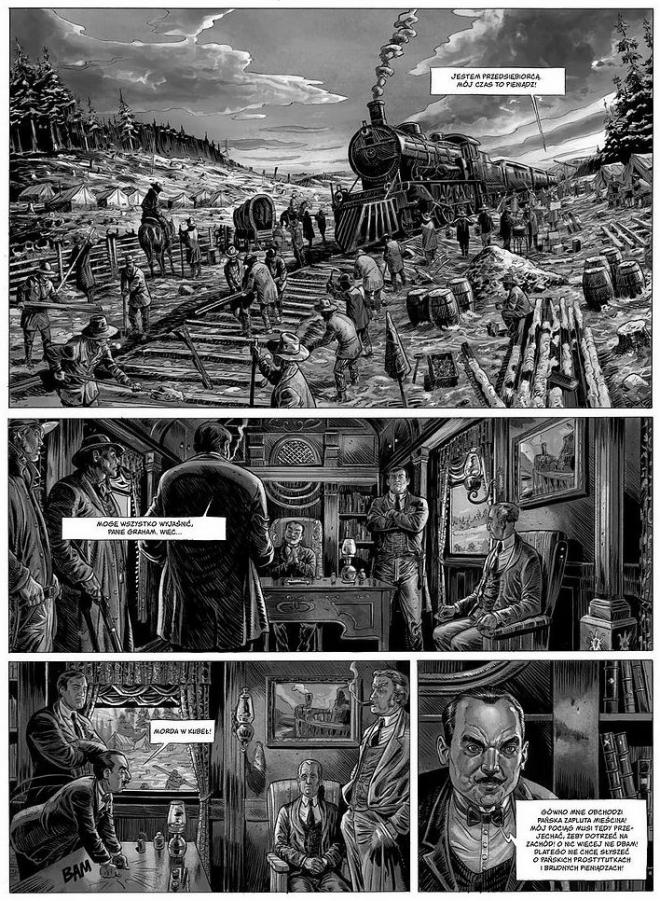 Strona komiksu Dziki Zachód, tom 1. Ludzie pracujący przy torach i scena w pociągu.