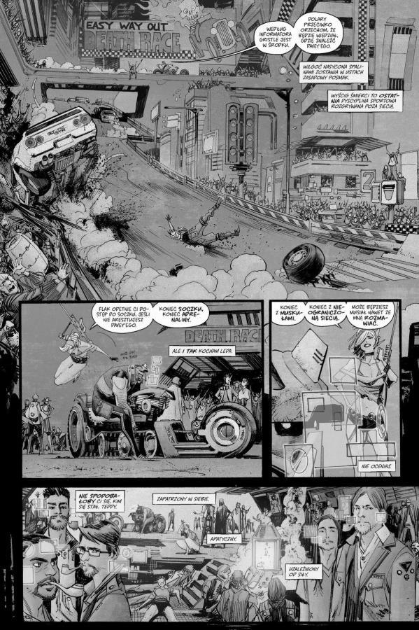 Strona komiksu "Tokyo Ghost". Scena wypadku.