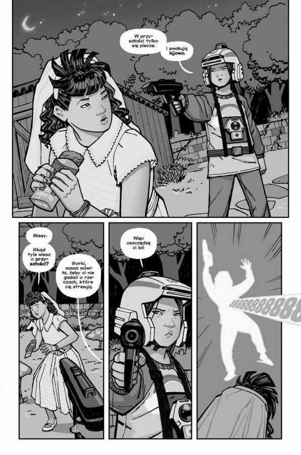 Strona z komiksu "Paper Girls". Dziewczyna strzela z pistoletu.