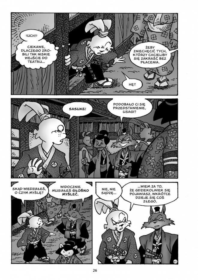 Strona z komiksu "Usagi Yojimbo" Rozmowa bohaterów.