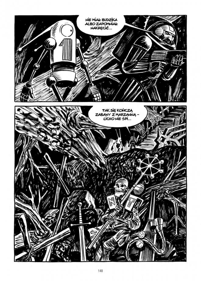 Strona z komiksu "Terra Incognita". Roboty rozmawiają.