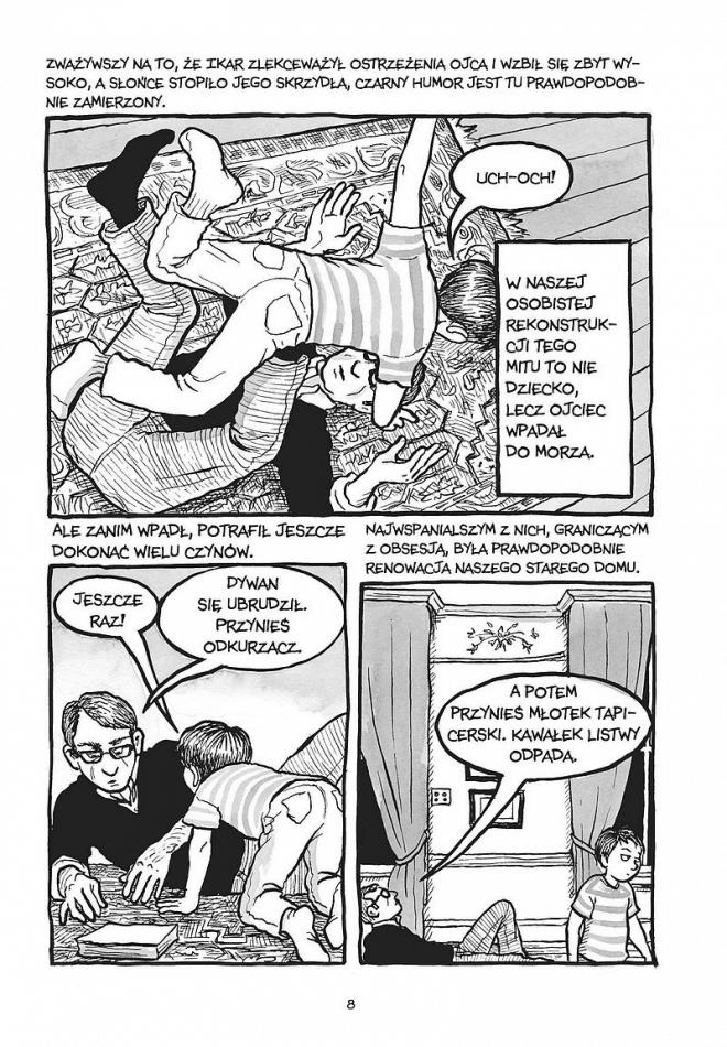 Strona z komiksu "Fun Home". Zabawa ojca z synem.