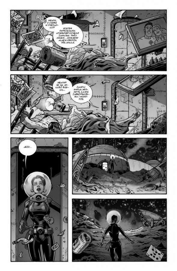 Strona komiksu "Fear Agent, tom 2.". Kosmonautka wędruje po planecie.