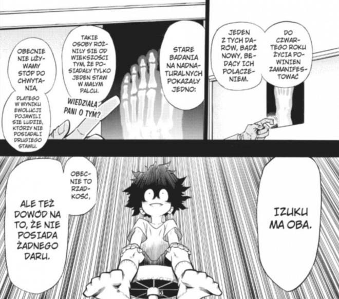 Ilustacja z komiksu My Hero Academia. Chłopiec oglądający rentgen swojej stopy.