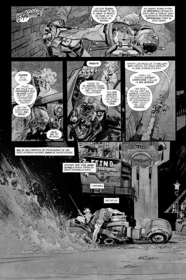 Strona komiksu "Tokyo Ghost". Scena zabójstwa.