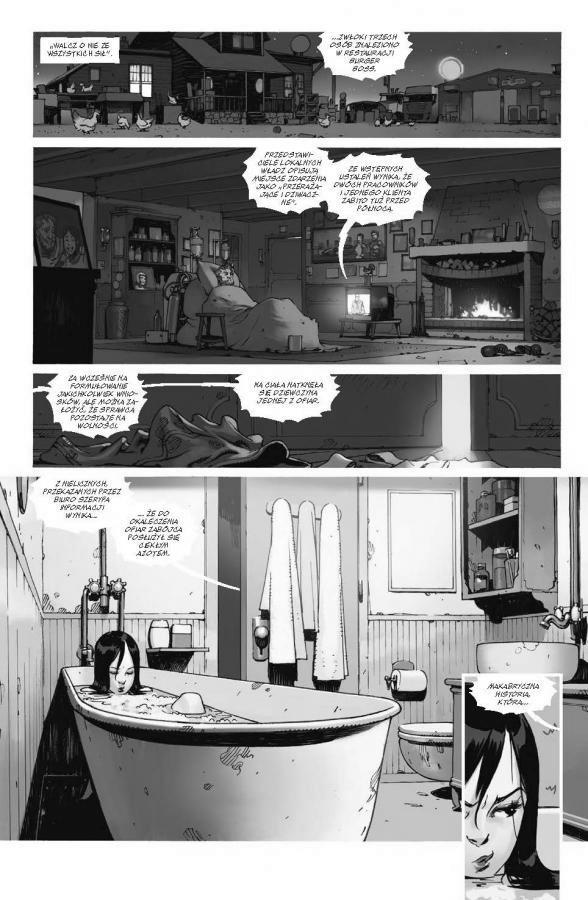 Strona z komiksu "Death of glory". Kobieta kąpie się.