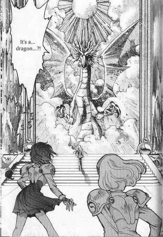 Strona z komiksu "Magic Knight Rayearth". Bohaterki widzą smoka.