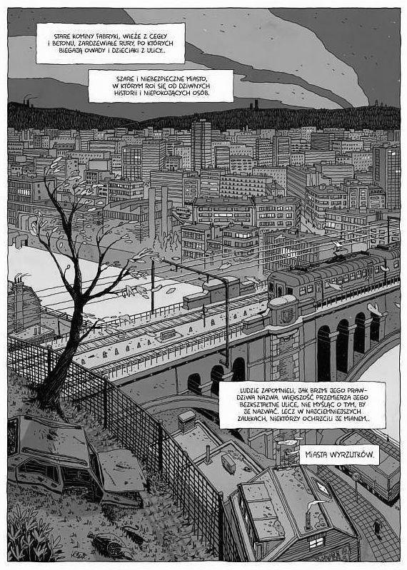 Strona z komiksu "Miasto wyrzutków". Panorama miasta.