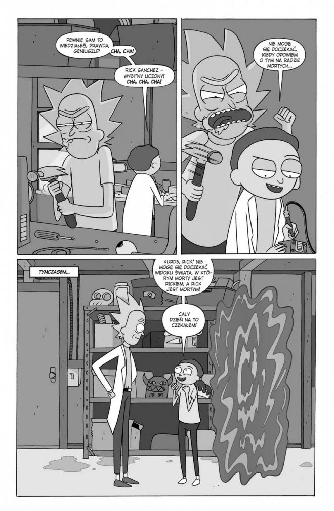 Strona komiksu "Rick i Morty". Rick i Mort w warsztacie.