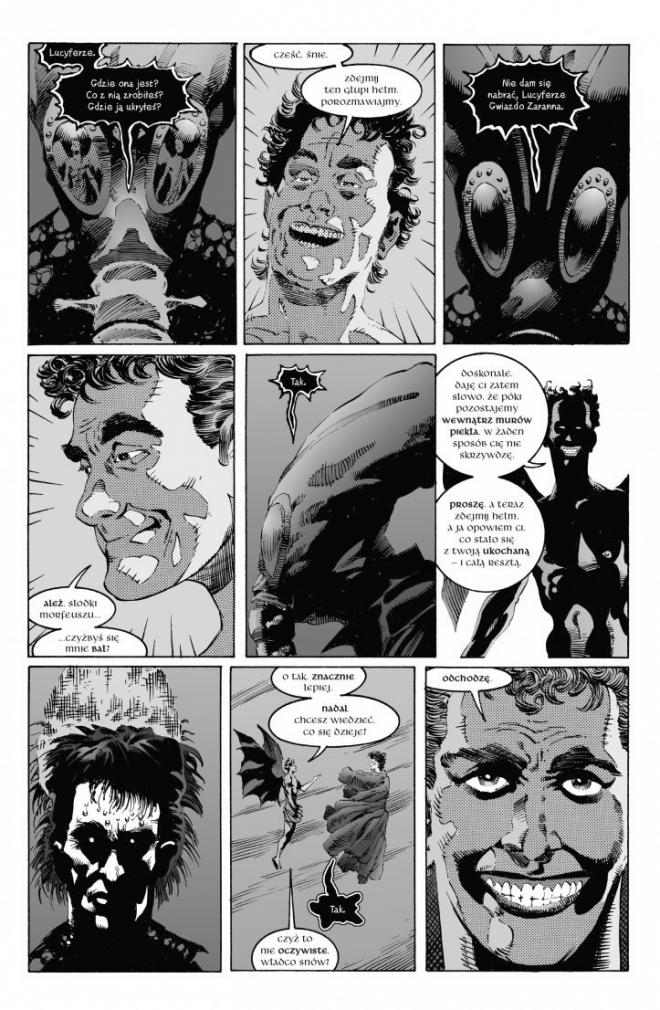 Strona z komiksu "Sandman". Bohaterowie rozmwiają.