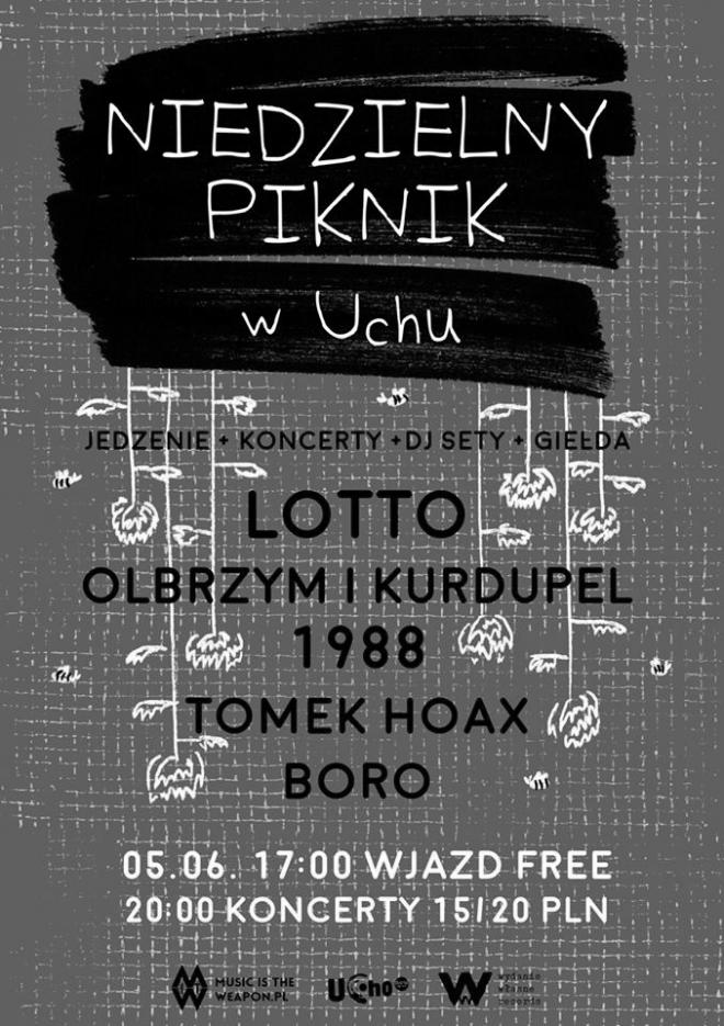 Zielony plakat: Niedzielny Piknik w Uchu. Lotto, Olbrzym i Kurdupel, 1988, Tomek Hoax, Boro.