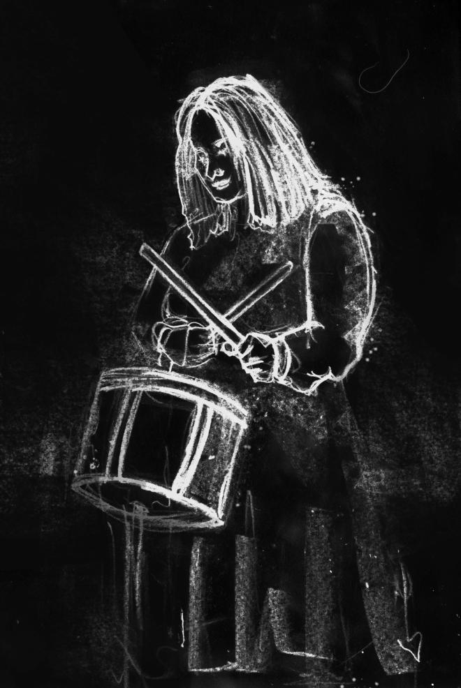 Czarno- biały rysunek. Perkusista.