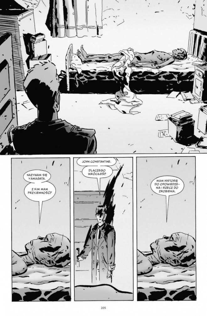 Ilustacje pochądzące z komiksu "Hellblazer, tom 6". Mężczyzna w pokoju leży na łóżku.