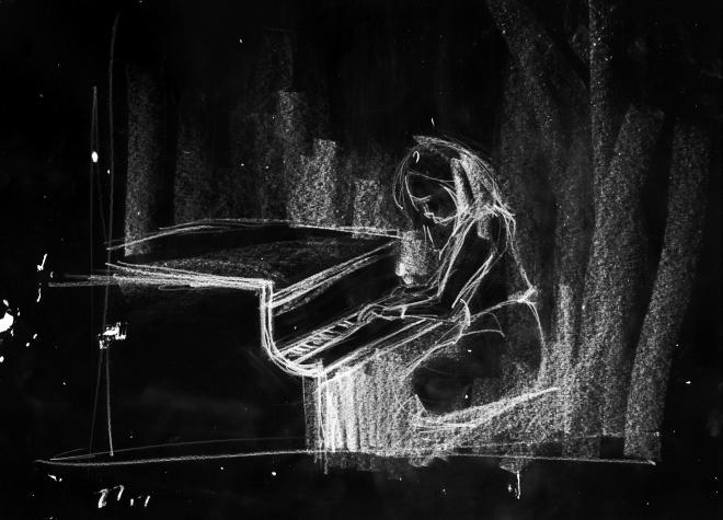 Czarno- biały rysunek. Kobieta przy fortepianie.
