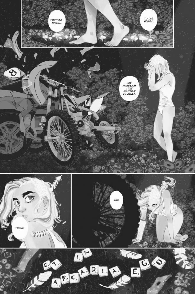 Strona z komiksu "Nomen Omen". Bohaterka w lesie, obok motor.