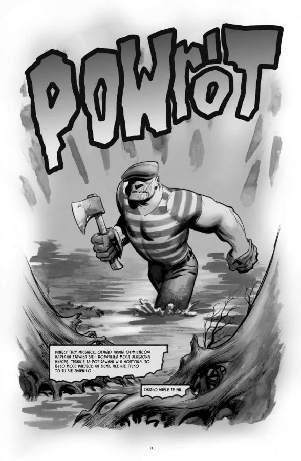 Strona z komiksu "The Goon". Mężczyzna idzie z siekierą.