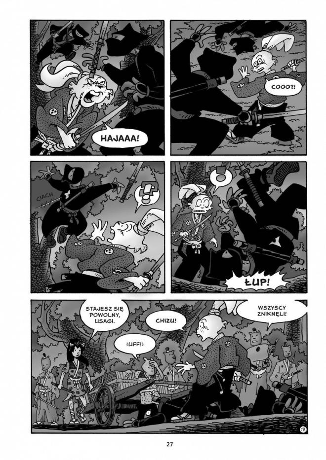 Strona z komiksu Usagi Yojimbo, Powrót. Walka.