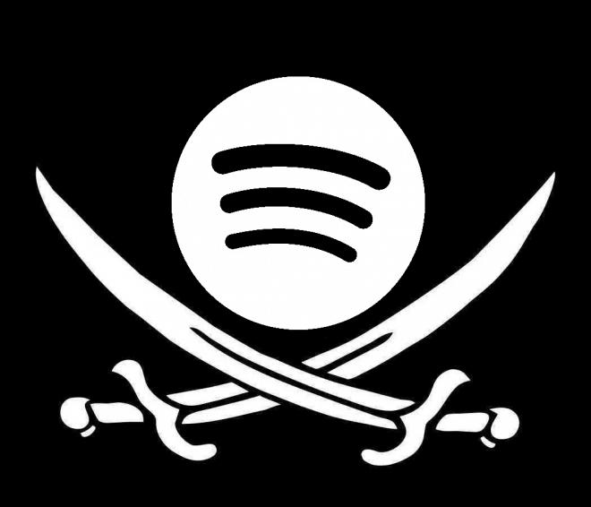 Czarno biała grafika. Logo Spotify, pod nim skrzyżowane szable.