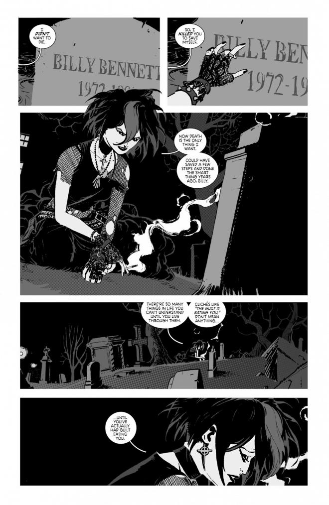 Strona z komiksu "Deadly Class, tom 6". Kobieta na cmentarzu.