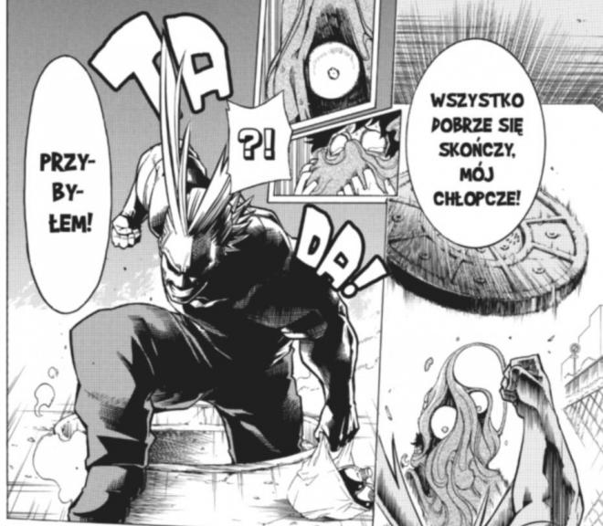 Ilustacja z komiksu My Hero Academia. Bohater ,który przybył na ratunek.