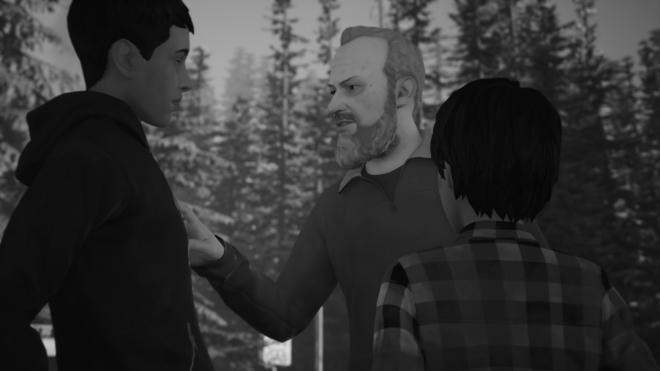 Kadr z gry " Life is strange". Mężczyzna trzyma rękę na ramieniu chłopca, obok drugi chłopiec stoi tyłem.