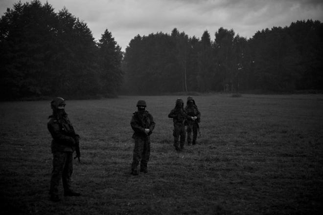 Żołnierze stoją na polu przy lesie.