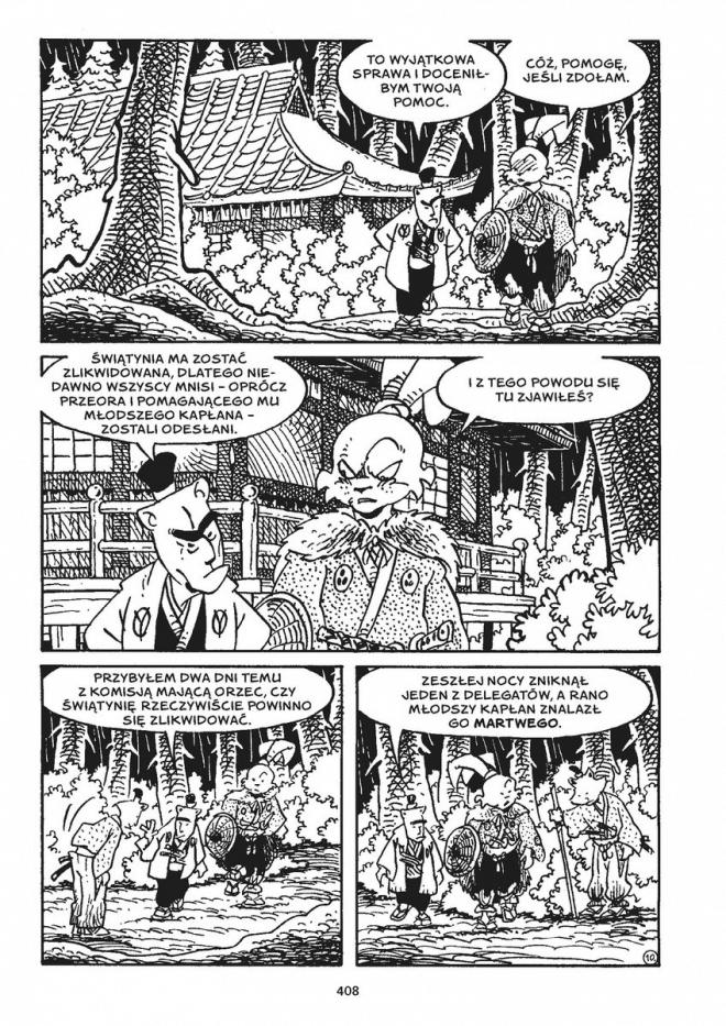 Strona z komiksu "Usagi Yojimbo. Saga". Bohaterowie rozmawiają.