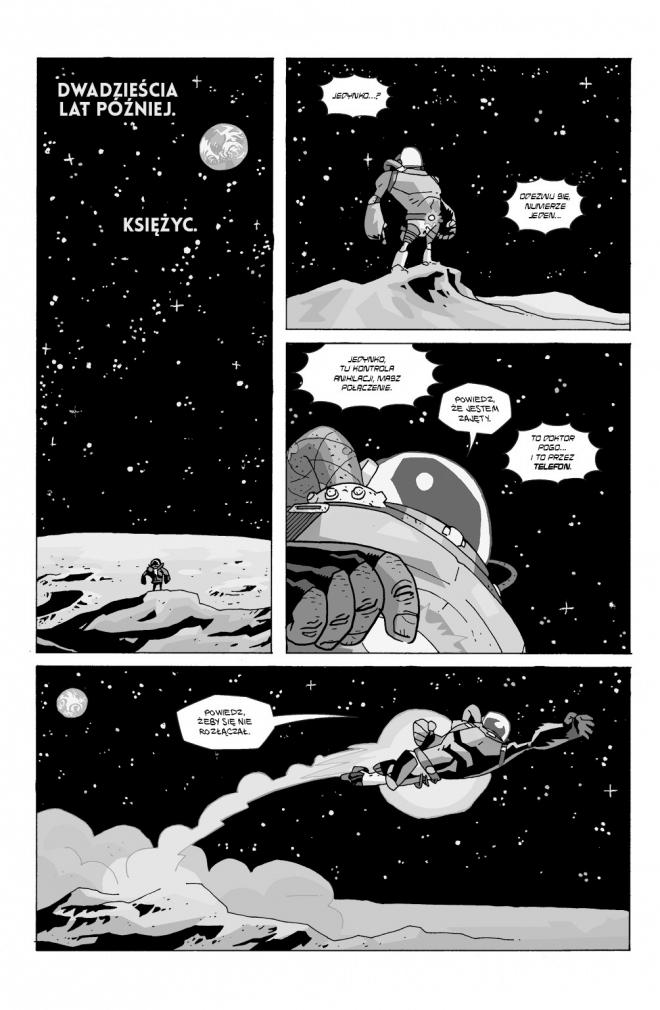 Strona komiksu "Umbrella Academy". Astronauta w kosmosie.