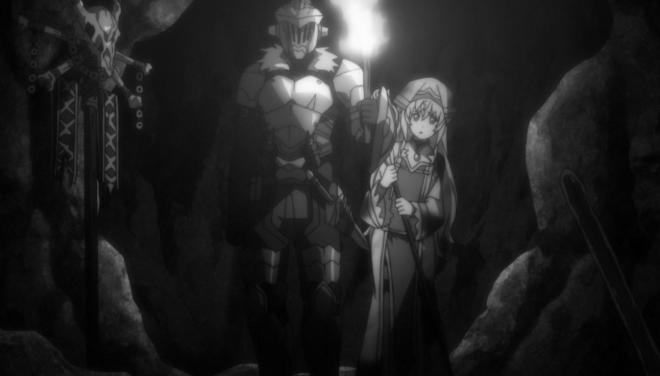 Kadr z anime "Goblin Slayer". Dziewczynka i rycerz w jaskini.