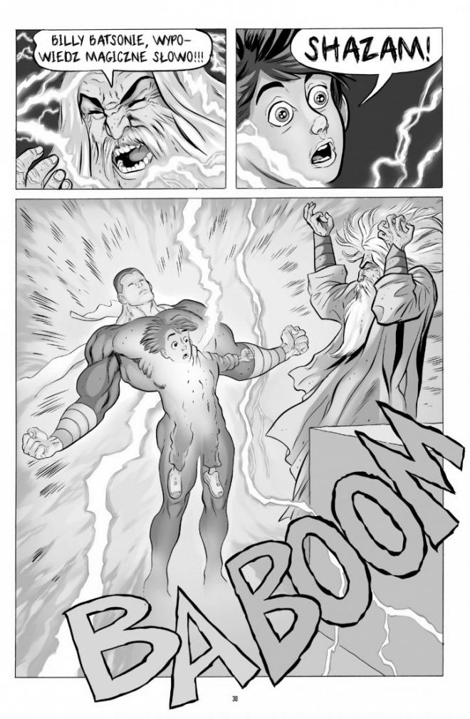 Strona z komiksu "Shazam!". Chłopiec przemienia się w superbohatera.