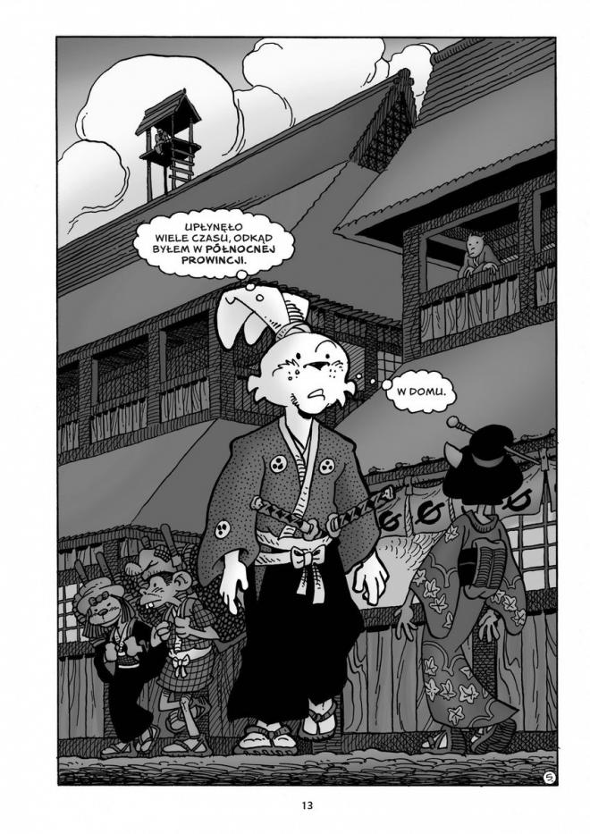 Strona z komiksu Usagi Yojimbo, Powrót. Bohater idzie.